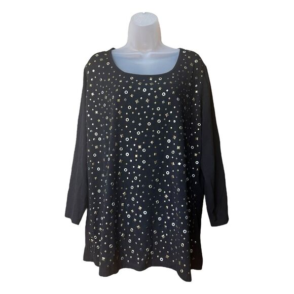 DG by Diane Gilman Black Studded Scoop Neck Top Sz 1X Long Sleeves Mixed Metals - Picture 1 of 10